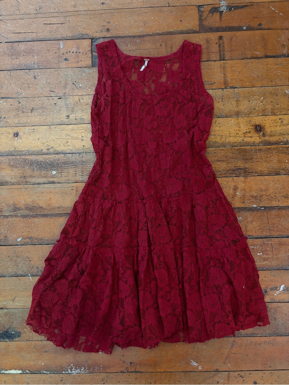 Free People Emily red sheet floral lace tiered mini slip dress size XS